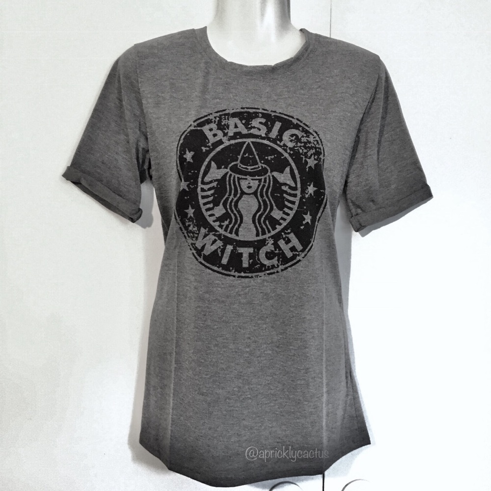 Heather Gray Basic Witch Starbucks Graphic Tee New